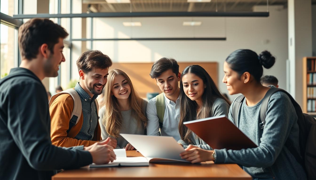 Students studying together in modern classroom